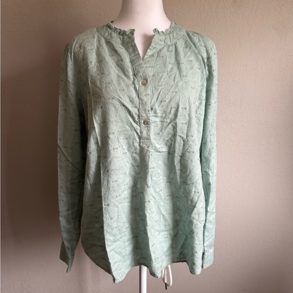 J Jill Teal Burn Out Floral Print Cotton Blend Button Blouse Womens M